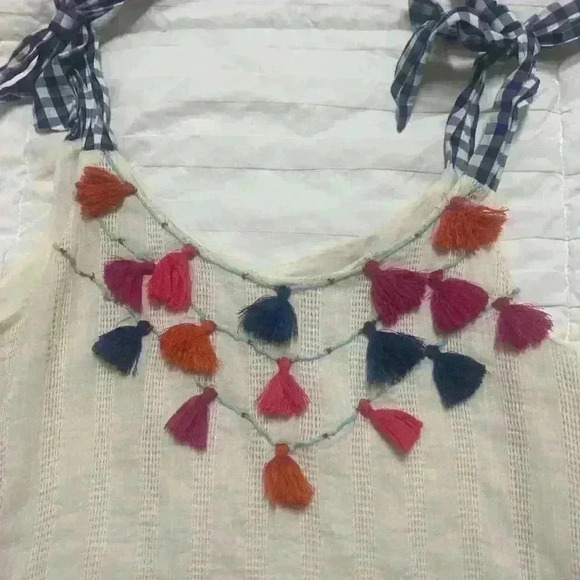 THML Multi Colored Tassel Cream Tank Blue Gingham Ribbon Ties size Small - Picture 3 of 10